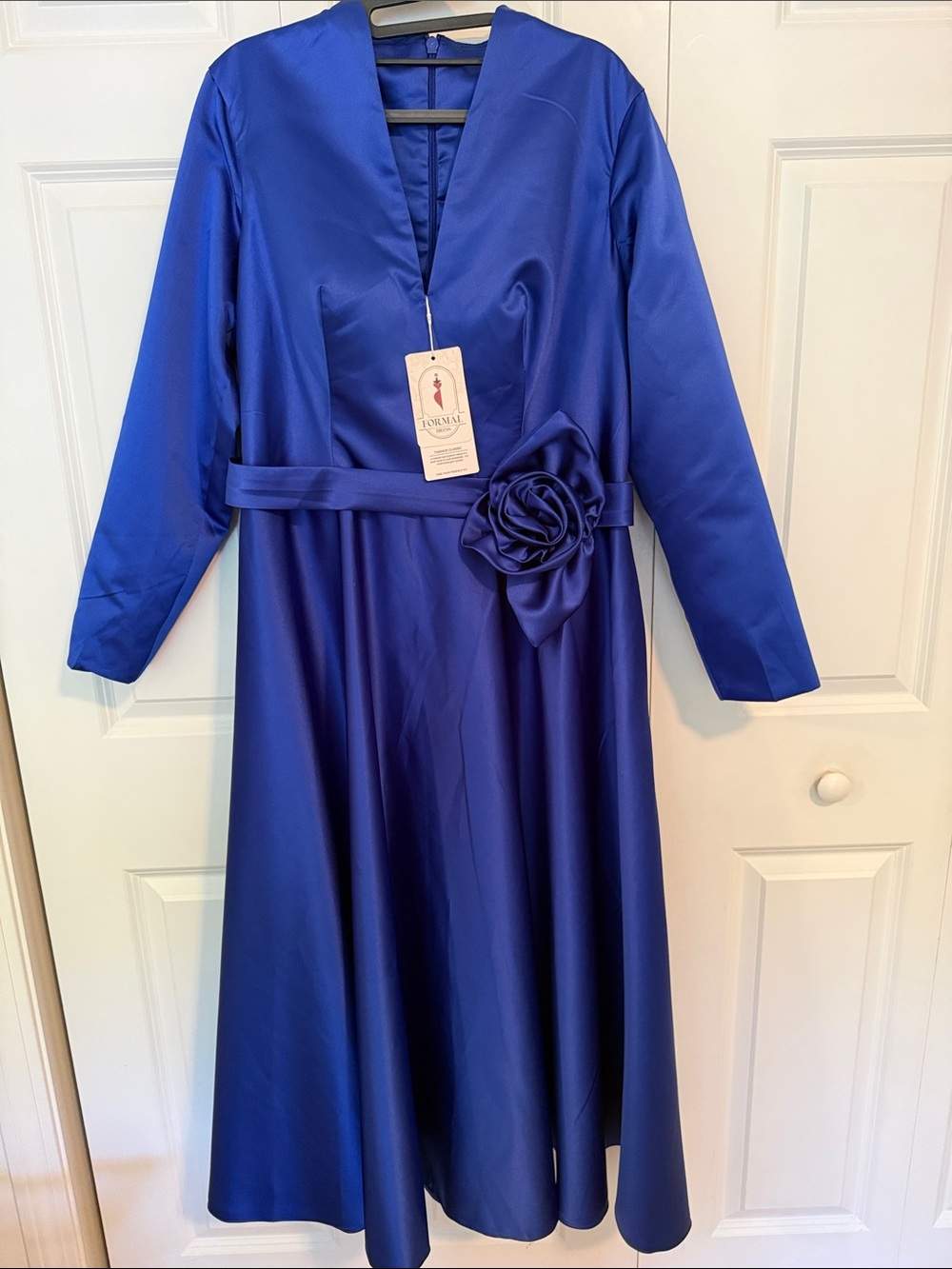 Royal Blue Satin V-Neck Tea Length Dress with Rosette Belt